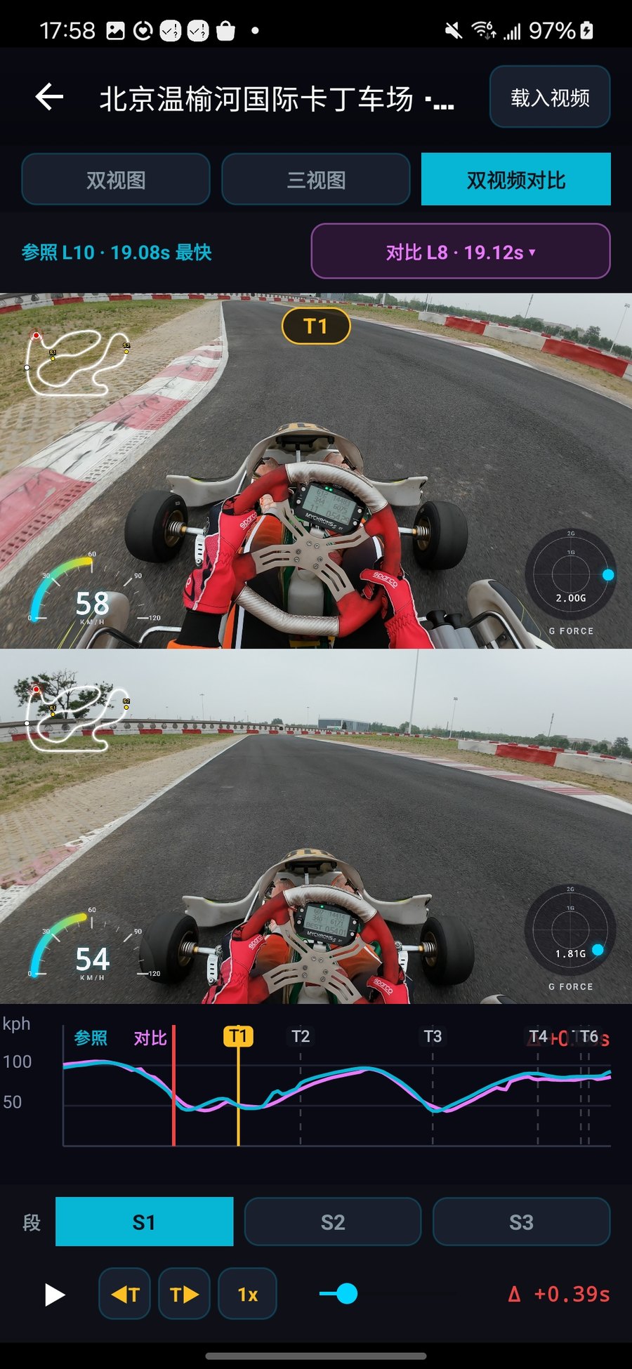 圈速本双视频对比:同一弯 best lap vs 当前 lap 上下并排